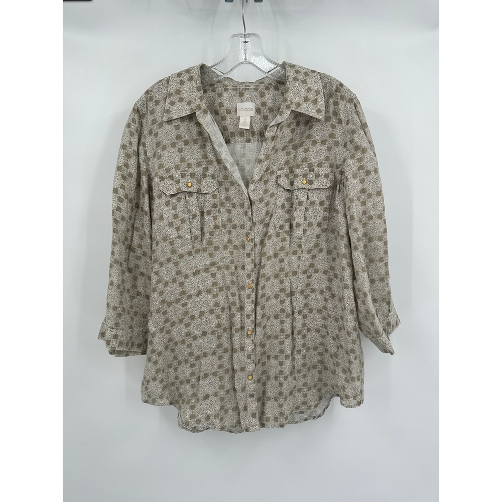 Chicos‎ Womens Coastal Top Size 2 US L Linen Minimalist Resort Neutral Classic